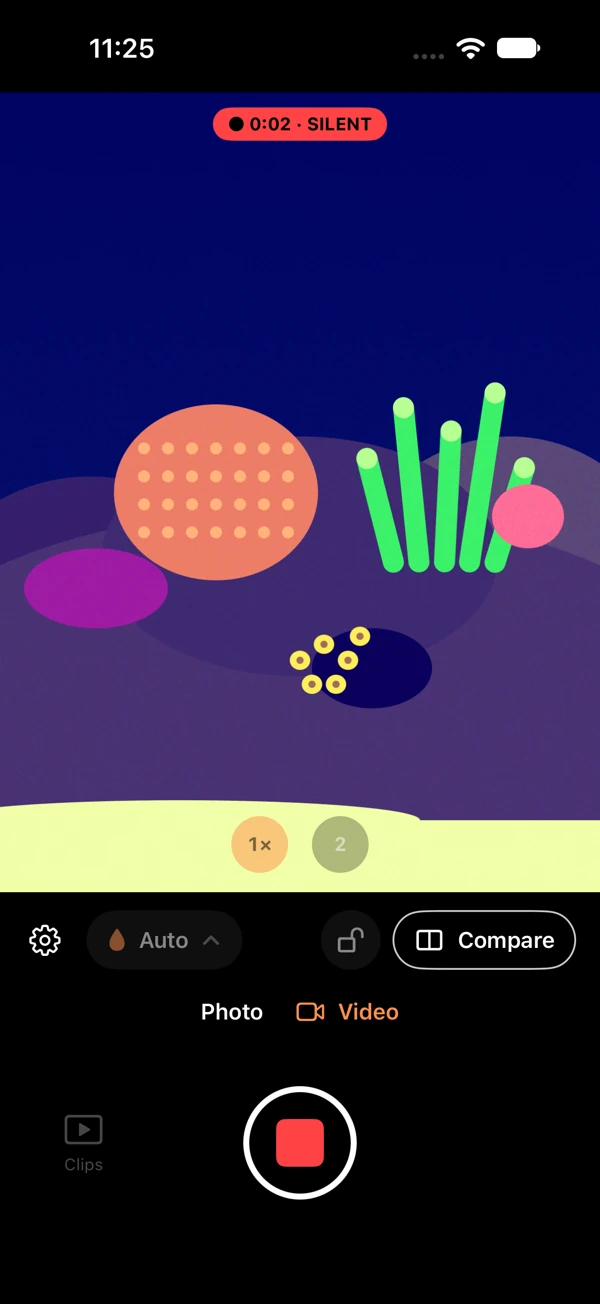 ReefCam Simulator showing a silent recording timer over a generated reef scene.