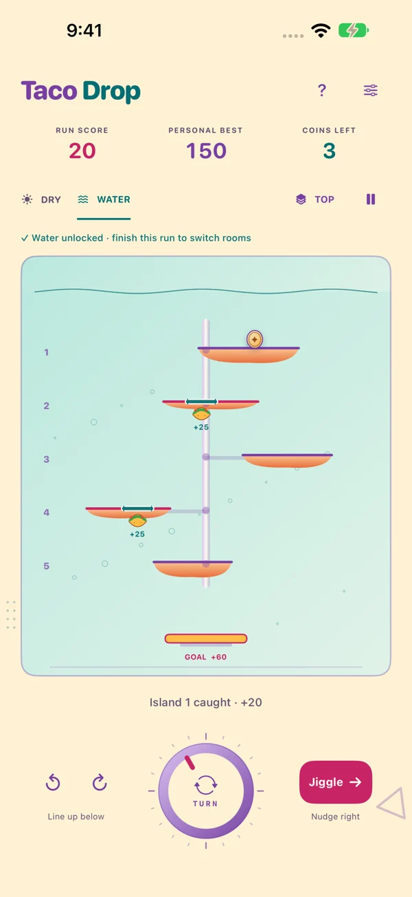 Actual Tidal Room gameplay with blue water and the same dial controls.