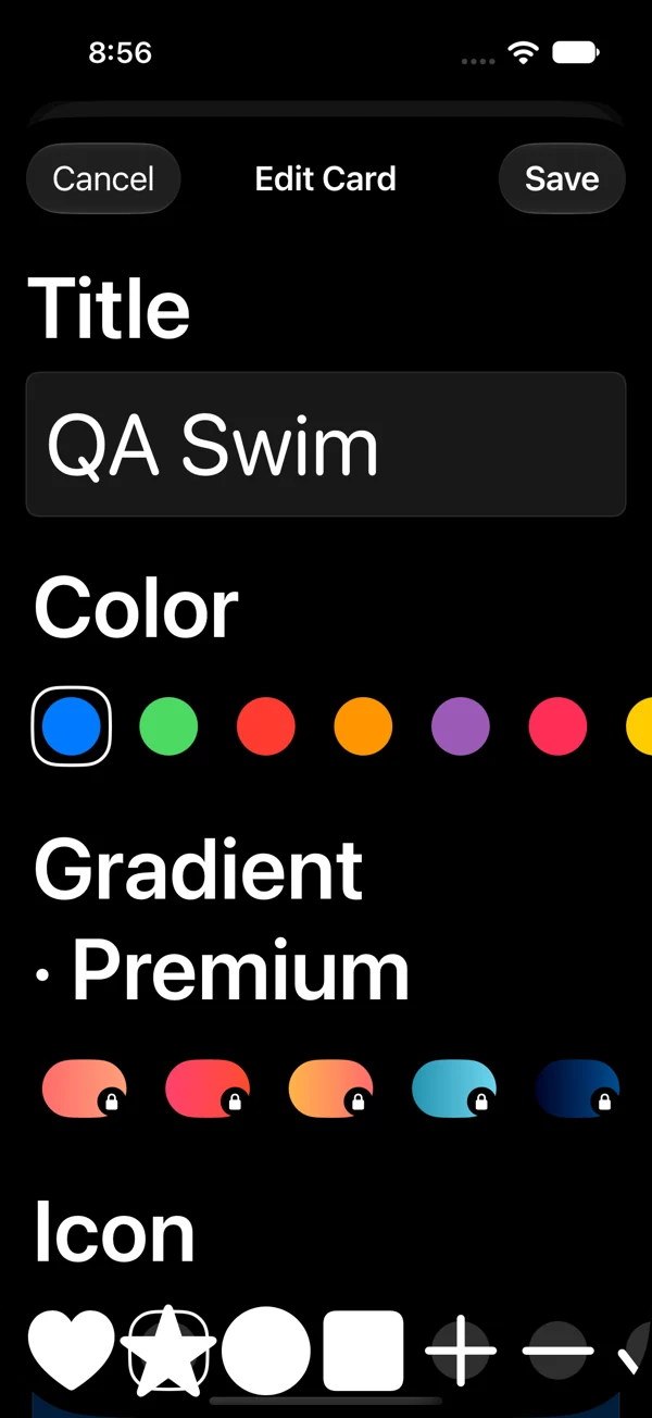 Tally edit screen showing color, gradient, and icon choices.