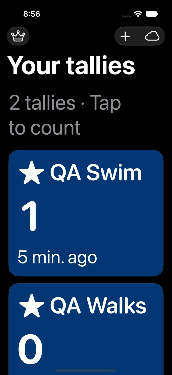 Tally Tracker showing two sample tallies, QA Swim and QA Walks.